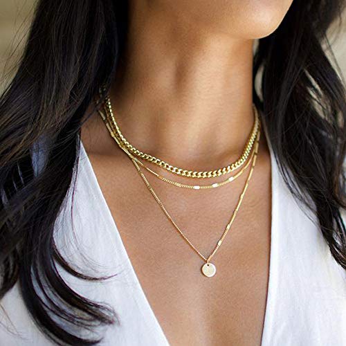Turandoss Gold Layered Necklaces for Women - 14K Gold Plated Handmade Multilayer Bar Pearls Coin Disc Moon Butterfly Medallion Adjustable Dainty Layered Choker Necklaces for Women Jewelry - style: 3 Layered Necklace - Thick&Chain&Disc
