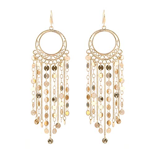 Bohemian Boho Tassel Dangle Drop Earrings for Women – Lightweight Filigree Gypsy Coin Chandelier Disc Charm Hoops – included Gift Box - style: Round - Gold