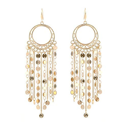 Bohemian Boho Tassel Dangle Drop Earrings for Women – Lightweight Filigree Gypsy Coin Chandelier Disc Charm Hoops – included Gift Box - style: Round - Gold