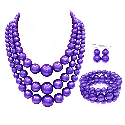 JNF Faux Pearl Statement Necklaces Big Beaded Necklace for Women Chunky Pearls Necklace and Earring Set Large beads Costume Necklace - color: Purple pearl necklace
