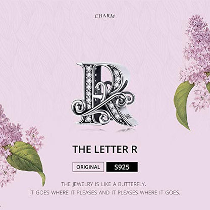 BISAER 925 Sterling Silver Initial Letter A-Z Charms for Bracelets Alphabet Beads Charm Jewelry Gifts - color: Letter R
