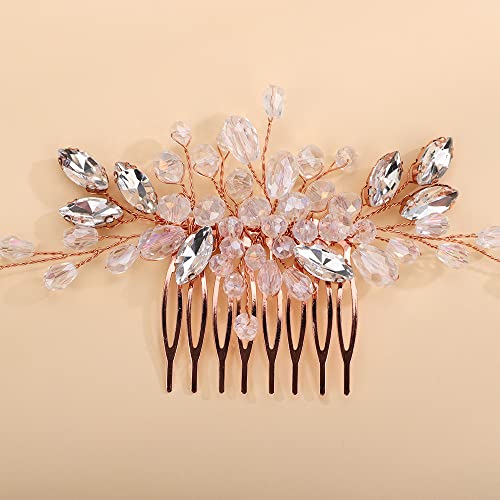 Teyglen Dainty Simple Rhinestone Wedding Hair Comb, Rose Gold - Luxurious Shiny Crystal Bridal Side Hair Pieces, Hair Accessories for Women and Girls - color: Rose Gold