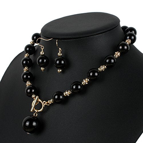 COLORFUL BLING Chunky Multicolor Simulated Pearl Choker Necklace Drop Dangle Earrings Bracelet Set Crystal Bib Big Large Round Beaded Strand for Women Brides Costume Statement 1920s Wedding Jewelry - color: Black