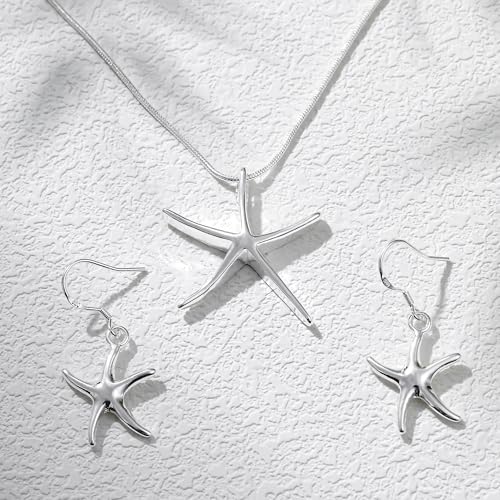 3 Circles Silver Hoop Earrings Necklace Set for Women Geometric Jewelry Set | 925 Silver Hypoallergenic Small Hoop Circle Geometry Textured Finish Minimalist Style Comfortable Wear - style: Starfish