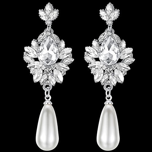 Flower Teardrop Bridal Wedding Dangle CZ Earrings in Silver/Gold Tone for Women Girl Bride Gift … - color: H-Clear