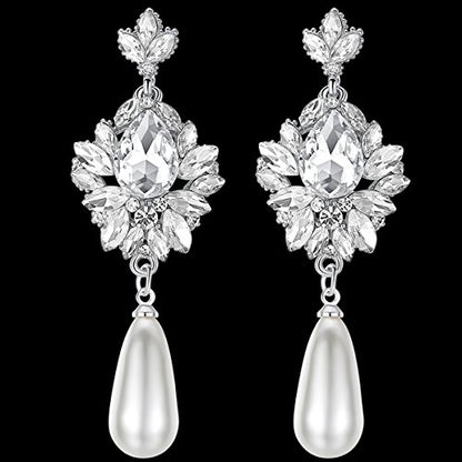 Flower Teardrop Bridal Wedding Dangle CZ Earrings in Silver/Gold Tone for Women Girl Bride Gift … - color: H-Clear