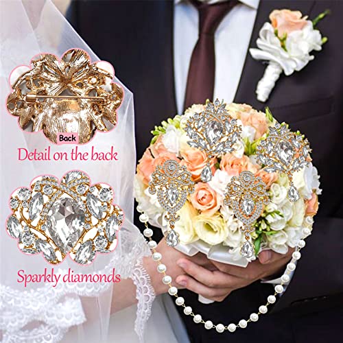 Yhsheen Rhinestone Brooches Crystal Brooch Pins, Pearl Crystal Wedding Bouquet kit Set - color: Gold-4pcs