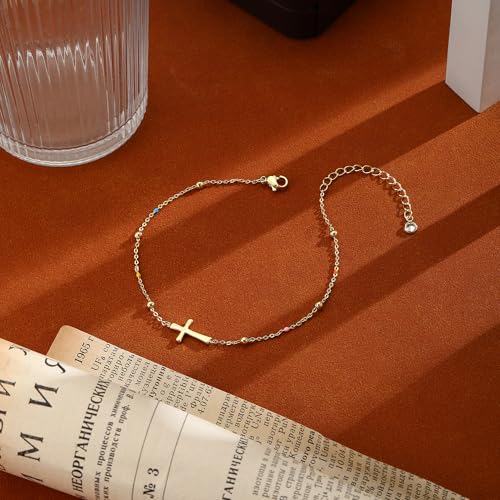 Ankle Bracelets for Women 14K Gold/Silver Plated Cross Heart Bead Anklet Waterproof Adjustable Chain Non Tarnish Cute Boho Trendy Dainty Summer Beach Foot Jewelry Gift for Her - style: Cross-GD