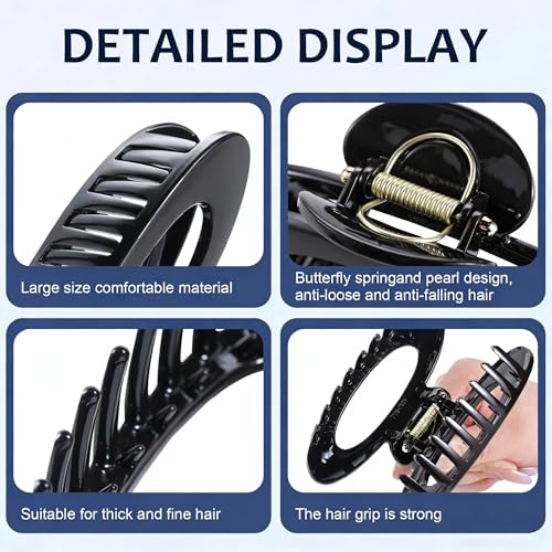 4 Pack Oval Hair Clip, 4.7" Large Durable Trendy Hair Claw Clip with Bead & Butterfly Spring, Premium PC Material Cozy Fashion Hair Claw for Thick Hair, Gift Set for Women Girls, Daily Wear - color: Classic Color 4: Black, White, Brown and khaki