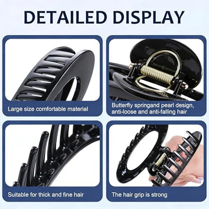 4 Pack Oval Hair Clip, 4.7" Large Durable Trendy Hair Claw Clip with Bead & Butterfly Spring, Premium PC Material Cozy Fashion Hair Claw for Thick Hair, Gift Set for Women Girls, Daily Wear - color: Classic Color 4: Black, White, Brown and khaki