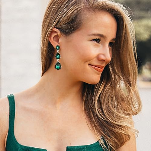 EleQueen Women's Crystal Teardrop Pear Shape 2.5 Inch Long Earrings | Dangle Earrings for Women, TearDrop Crystals Earrings for Bride Bridesmaid, Prom Jewelry for Wedding - color: Green Silver-Tone