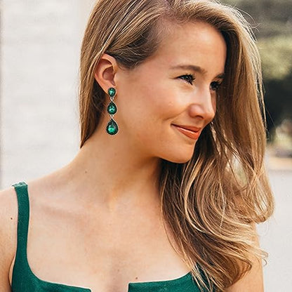 EleQueen Women's Crystal Teardrop Pear Shape 2.5 Inch Long Earrings | Dangle Earrings for Women, TearDrop Crystals Earrings for Bride Bridesmaid, Prom Jewelry for Wedding - color: Green Silver-Tone