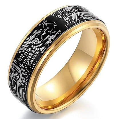 Tungsten Ring 8mm Computer Circuit Pattern Ring Black/Gold/Silver Tungsten Carbide Wedding Band for Men Comfort Fit - color: Black Gold