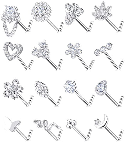 Tornito 16Pcs Nose Stud Rings L Screw Shaped Nose Ring Flower Snake Butterfly Heart Eye CZ Dangle Nose Rings Stud Body Piercing Jewelry for Women Men 20G Silver Pink Tone - color: B:Silver Tone