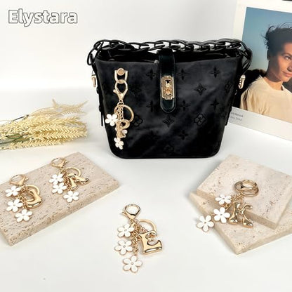 Floral Series Initial Bag Charm, Cute Flower & Bubble Letter Purse Charms, Keychain Accessories Gift for Women - color: White Flower, style: P