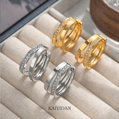 2 Pairs Gold/Silver Hoop Earrings For Women Set Trendy,14K Plated Gold Chunky Huggie Hoop Earings Pack,Oval Twisted Statement Silver Hoops,Fashion Jewelry Gift - color: B4 double loops CZ hoops set