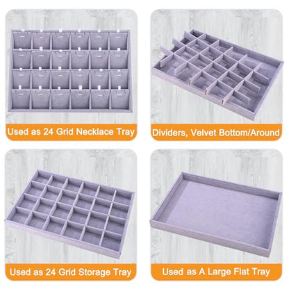 24 Grid Jewelry Tray Velvet Jewelry Display Tray with Removable Dividers | Jewelry Organizer Stackable Trays for Earrings Necklaces Bracelet Rings Display Showcase - Grey - color: Grey