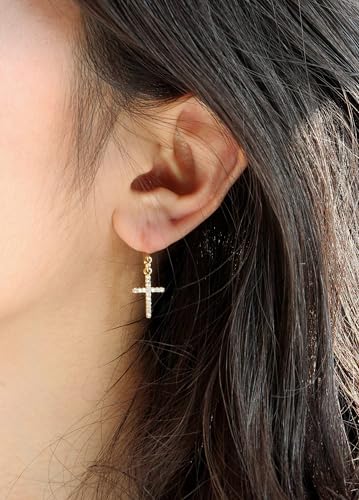 Cross Necklace and Sterling Silver Cross Earrings Jewelry Set for Women | Hypoallergenic Faith Crucifix Pendant Necklaces 14K Gold Plated Cubic Zirconia CZ Dangling Religion Jewelry - color: Gold