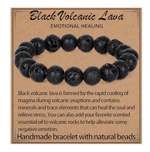 LPBeads Handmade Natural Gemstone Stretch Elastic Bracelet Healing Crystal Round Stone Beads Jewelry Gifts for Women Men - color: Black Lava, size: 10mm