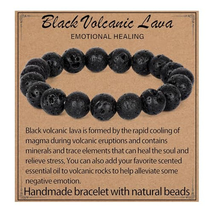 LPBeads Handmade Natural Gemstone Stretch Elastic Bracelet Healing Crystal Round Stone Beads Jewelry Gifts for Women Men - color: Black Lava, size: 10mm