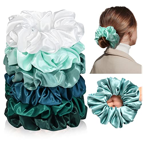 Large Silk Satin Scrunchies - Jumbo Hair Ties for Thick Curly Hair - Pack of 6 (Green) - color: Green, size: 1 Count (Pack of 6)