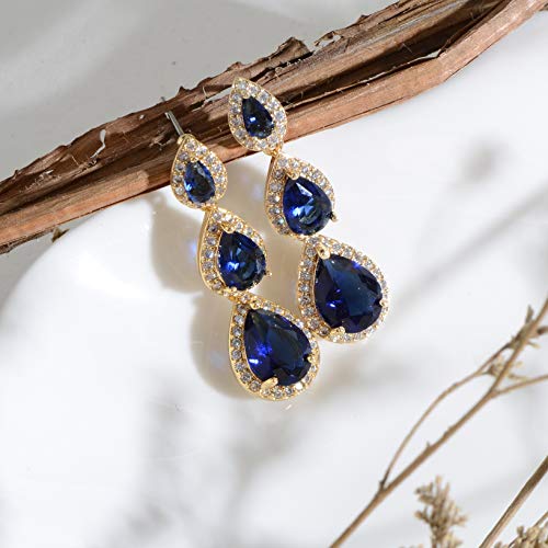 Women's Cubic Zirconia Bridal Earrings - Elegant Long Wedding Party Prom Earring for Bride Bridesmaids Crystal CZ Rhinestone Chandelier Statement Dangle Drop Earrings for Women - color: Blue