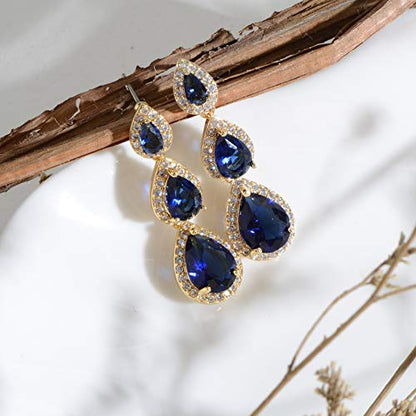 Women's Cubic Zirconia Bridal Earrings - Elegant Long Wedding Party Prom Earring for Bride Bridesmaids Crystal CZ Rhinestone Chandelier Statement Dangle Drop Earrings for Women - color: Blue