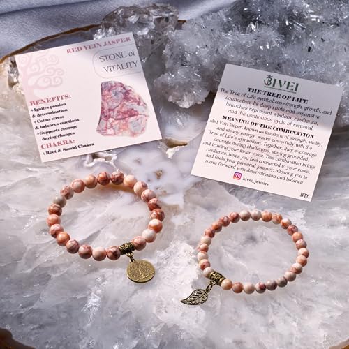 Bivei Natural Semi Precious Gemstone beads bracelet for women - Life Tree and Leaf Charm Energy Reiki Crystal Stretch Bracelets - color: Red Vein Jasper Bracelet Set, size: Medium:6.8-7.24inch