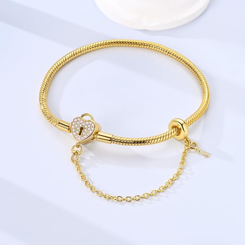 Star moon Mouse Clasp Snake Chain Bracelet 925 Sterling Silver Safety Chain Charm Christmas Mother’s Day Jewelry Gifts for Women - color: Gold Heart Key and Padlock Charm Bracelet, size: 17cm