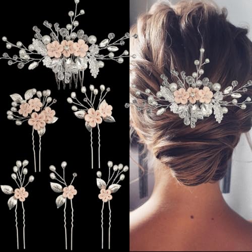 6 Pcs Bridal Flower Wedding Hair Pins Crystal Pearl Hair Clips Headpiece Wedding Hair Accessories Jewelry with Rhinestone for Brides Bridesmaids Women Girls Updo(Pink) - color: Pink6Pcs