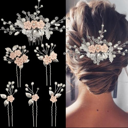6 Pcs Bridal Flower Wedding Hair Pins Crystal Pearl Hair Clips Headpiece Wedding Hair Accessories Jewelry with Rhinestone for Brides Bridesmaids Women Girls Updo(Pink) - color: Pink6Pcs