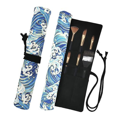 Funny live Paint Brush Holder Art Supplies, Artist Brush Holder & Art Supply Storage Organizer Roll-Up Case Bag, Protect Acrylic Oil Watercolor Paintbrushes (Blue Sea Wave-20 Slot Pockets) - style: Blue Sea Wave-20 Slot Pockets