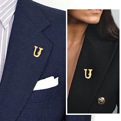 Initial Lapel Pin for Men Women, Brooch Pins for Men Suits, Metal Button Pins in 18K Gold and Silver Tone. - color: Gold-U