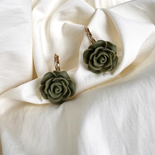 Handmade Bohemian Aesthetic Dainty Acrylic Flower Petal Leverback Earrings Sparkly 14K Gold Floral Dangle Drop Earrings for Women - color: Olive Green