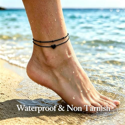 Gold/Silver Anklets for Women，Dainty 14K Gold Plated Waterproof Beaded Ankle Bracelet Non Tarnish Stackable Beach Jewelry Gift - style: 2pc-black