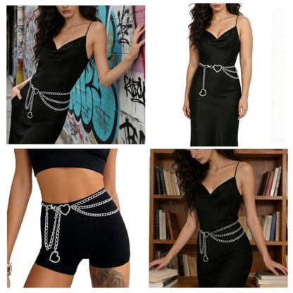 3 Layered Metal Waist Chain Belt for Women Moon & Sun Belly Belt Body Chain Jewelry for Dress Jeans - color: Silver-heart