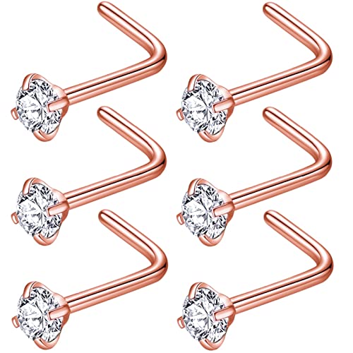 316L Surgical Steel 22g/20g/18g Nose Rings Studs L-Shape Nose Nostrial Piercing Body Jewerly L Shaped Nose Studs 1.5mm 2mm 2.5mm 3mm CZ Nose Screw Studs Rings for Women - style: 6pcs/L-shape/18g/2.5mm Clear CZ/Rose Gold