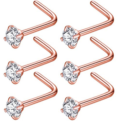 316L Surgical Steel 22g/20g/18g Nose Rings Studs L-Shape Nose Nostrial Piercing Body Jewerly L Shaped Nose Studs 1.5mm 2mm 2.5mm 3mm CZ Nose Screw Studs Rings for Women - style: 6pcs/L-shape/18g/2.5mm Clear CZ/Rose Gold
