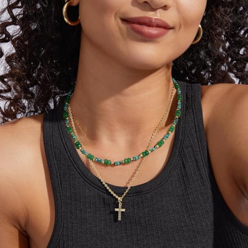 KissYan Beaded Choker Necklace for Women, Colorful Natural Gemstones Pearl Choker 14K Gold Plated Pendant Healing Crystal Necklace Handmade Stone Jewelry Gift | 14K Gold Plated Pendant Necklaces, Natural Gemstones Pearl Choker, Healing Crystal Chain, Hand