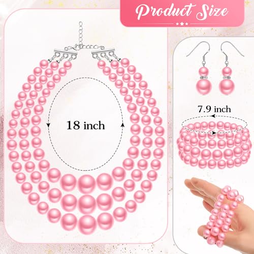 Haysandy Pearl Jewelry Set for Women 20s Jewelry Gift | Retro Layered Necklace Bracelet Earring, Costume Accessories for Derby Wedding Prom Party, Dress Matching Occasions - color: Pink