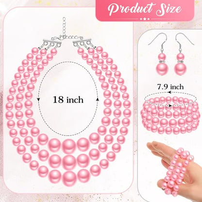 Haysandy Pearl Jewelry Set for Women 20s Jewelry Gift | Retro Layered Necklace Bracelet Earring, Costume Accessories for Derby Wedding Prom Party, Dress Matching Occasions - color: Pink