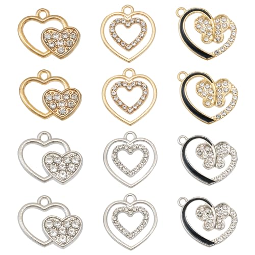 Elecrelive Crystal Heart Charms Rhinestone Heart Pendants Valentine Charms for Necklace Bracelet Earring Wedding Jewelry - color: Gold Silver, 24pcs