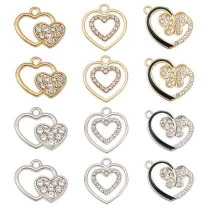 Elecrelive Crystal Heart Charms Rhinestone Heart Pendants Valentine Charms for Necklace Bracelet Earring Wedding Jewelry - color: Gold Silver, 24pcs