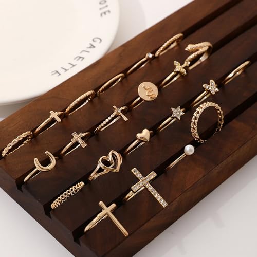 Gold Rings for Women Non Tarnish Stackable Rhinestone Moon Star Rings Dainty Stacking Pearl Butterfly Midi Pinky Thumb Joint Finger Knuckle Ring Set Gold Non Tarnish Jewelry Gifts Trendy Stuff - color: K Silver Stackable Rings 22Pcs