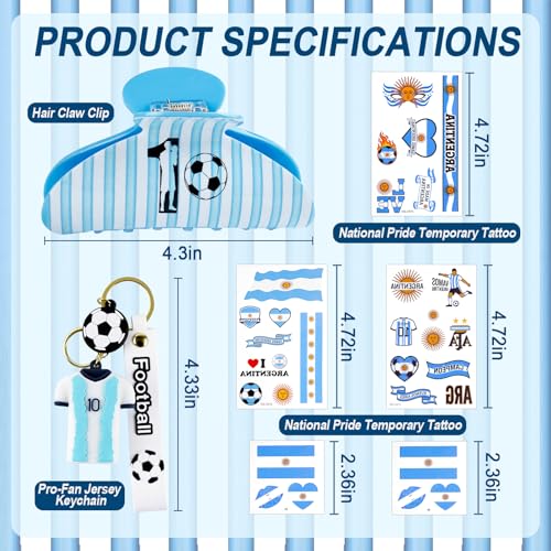 2026 Soccer Commemorative Gift Set for Girls and Women, Sky Blue Stripe Hair Claw Clip, No. 10 Jersey Keychain & Argentina Flag Stickers, Tribute Keepsake Accessories