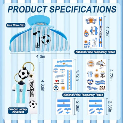 2026 Soccer Commemorative Gift Set for Girls and Women, Sky Blue Stripe Hair Claw Clip, No. 10 Jersey Keychain & Argentina Flag Stickers, Tribute Keepsake Accessories