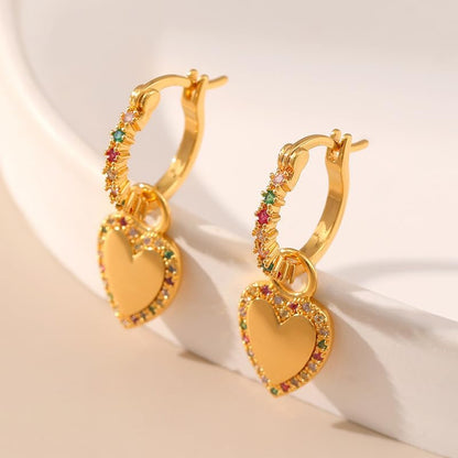 Dainty 14K Gold Plated Cubic Zirconia Heart Small Hoop Earrings Charm Mini Sparkly Colorful Crystal Love Heart Dangle Drop Huggie Earrings for Women
