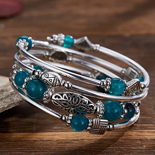BULINLIN Layered Wrap Bangle Turquoise Bracelet - Bead Bracelet with Natural Agate Stone, Gifts For Women - color: 03-Sea green
