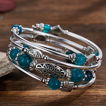 BULINLIN Layered Wrap Bangle Turquoise Bracelet - Bead Bracelet with Natural Agate Stone, Gifts For Women - color: 03-Sea green