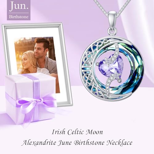 TOUPOP Birthstone Necklace Women Sterling Silver Moon Star Birthday Jewelry | Celtic Moon Pendant with Blue Crystal Anniversary Christmas Jewelry Gifts for Wife Mom Her - color: A-06-Alexandrite